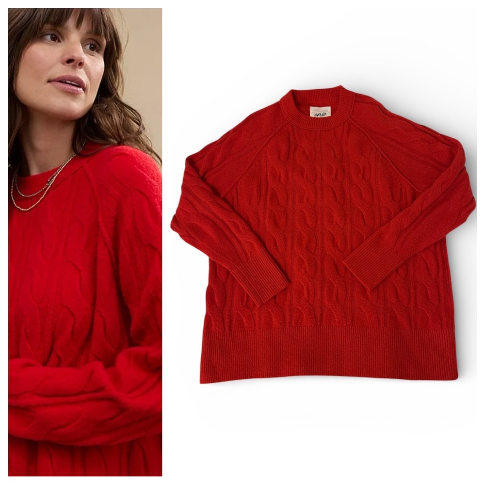 Aerie Women’s Unreal Oversized Red Cable Knit Crew Neck Sweater So Soft Size XS